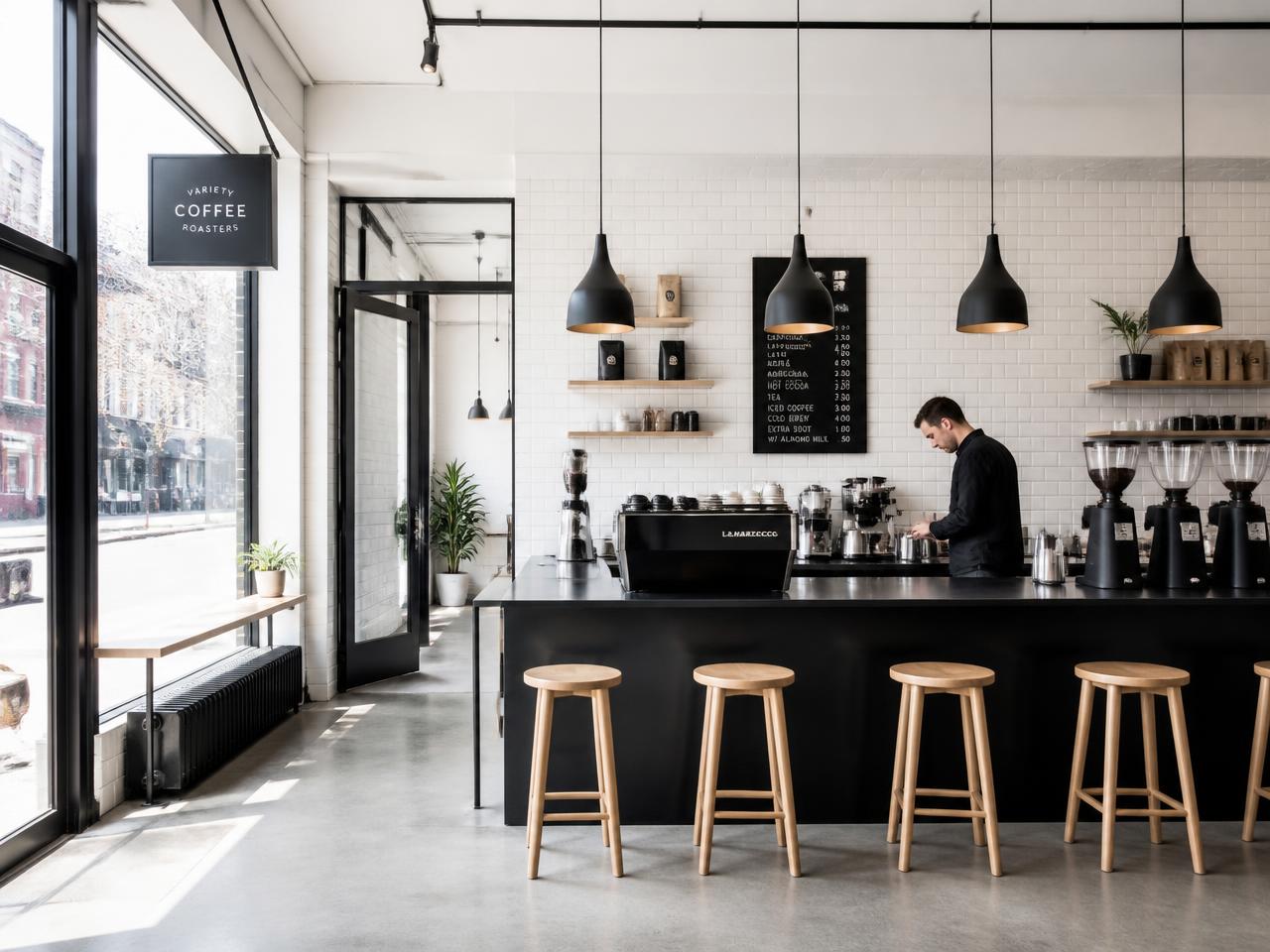 Boerum Hill Brooklyn cafe interior design with leather banquettes, wood tables, black pendant lights and art wall