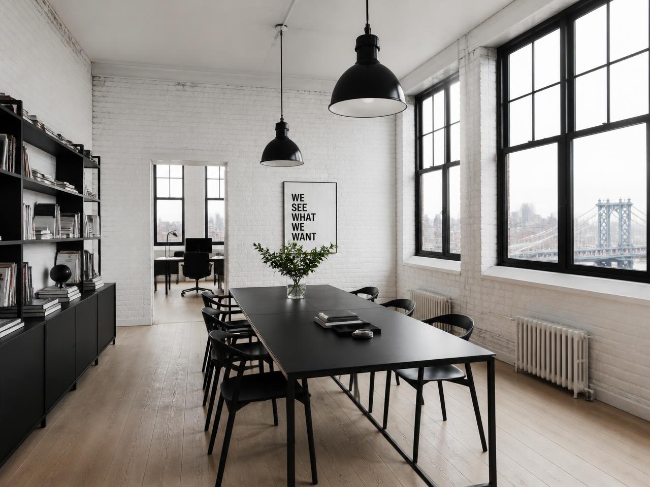DUMBO Brooklyn creative office interior with exposed brick walls, black steel partitions and oak desks